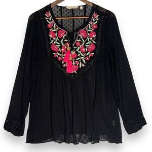 Soft Surroundings‎ Embroidered Tunic Top Beaded Tassel Black Boho Semi Sheer S